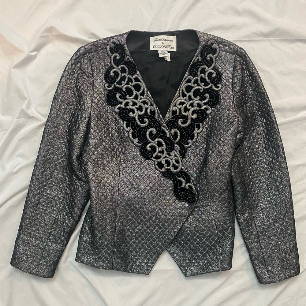 Vintage 80s Silver and Black Quilted Embroidered Women's Blazer Jacket, Evening